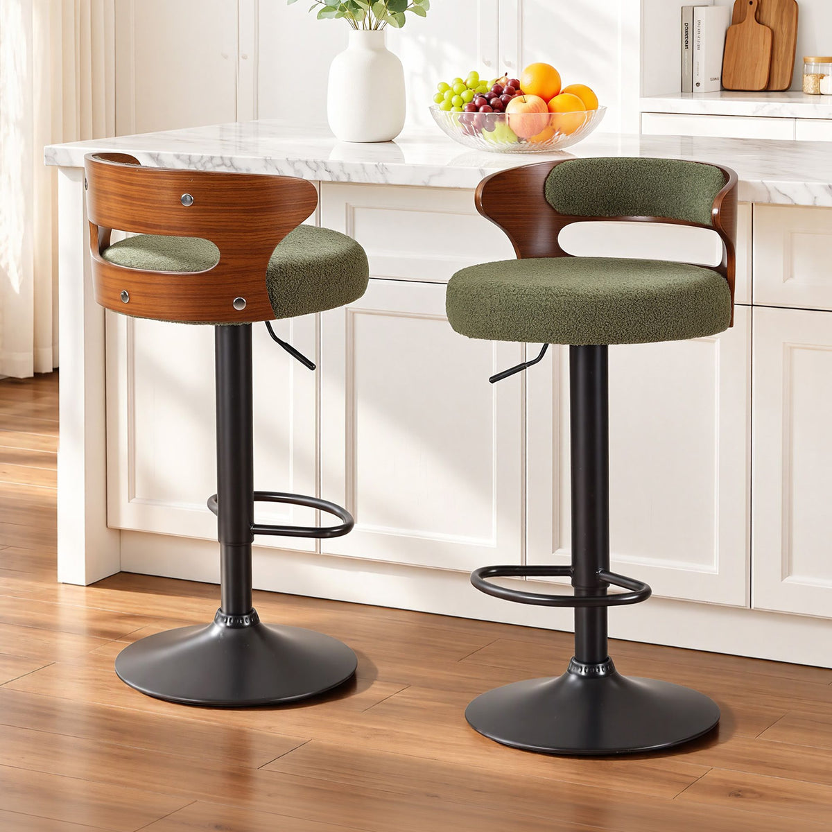 Artiss 2x Bar Stools Counter Chair Gas Lift Swivel Kitchen Bentwood Boucle Green - Homecoze