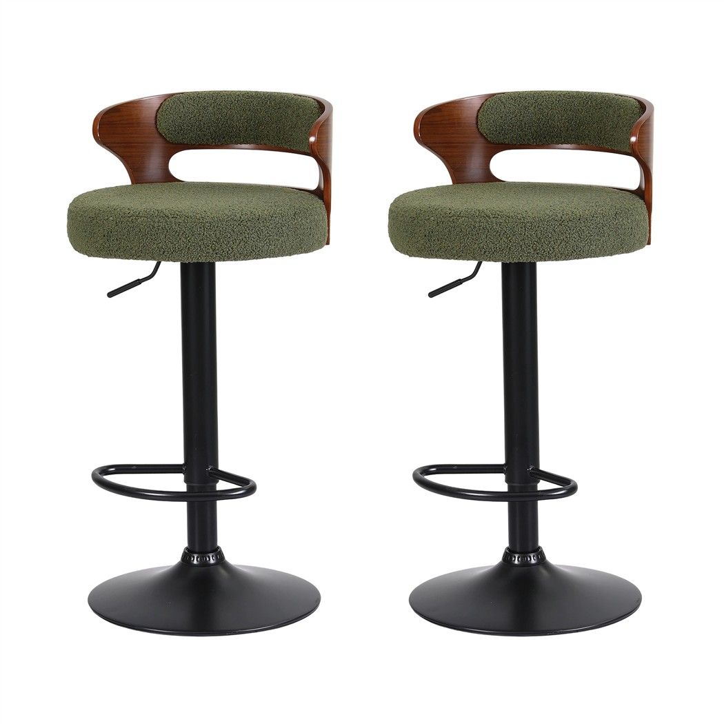 Artiss 2x Bar Stools Counter Chair Gas Lift Swivel Kitchen Bentwood Boucle Green - Homecoze