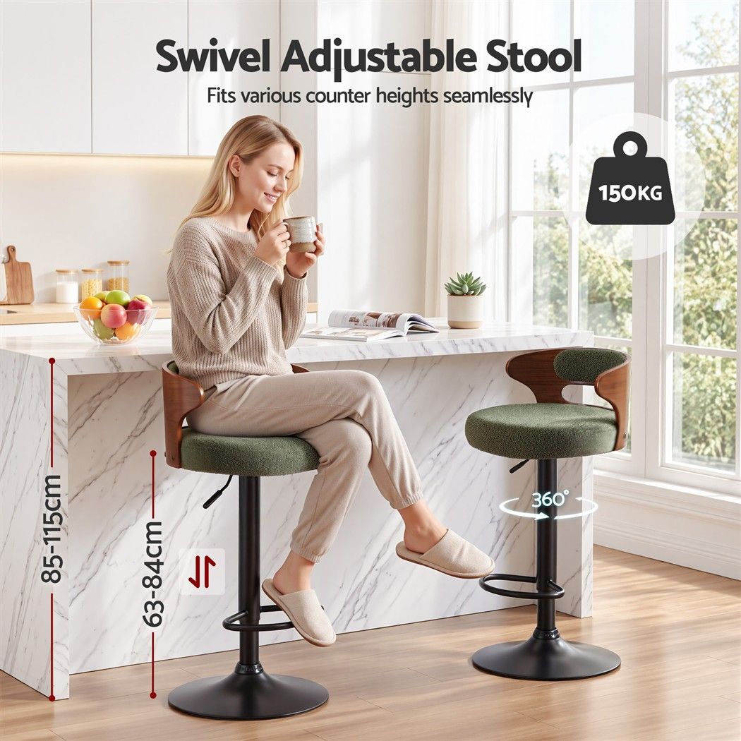 Artiss 4x Bar Stools Counter Chair Gas Lift Swivel Kitchen Bentwood Boucle Green - Homecoze