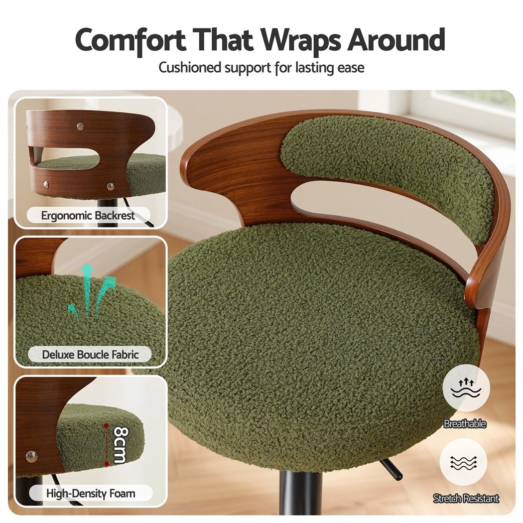 Artiss 4x Bar Stools Counter Chair Gas Lift Swivel Kitchen Bentwood Boucle Green - Homecoze