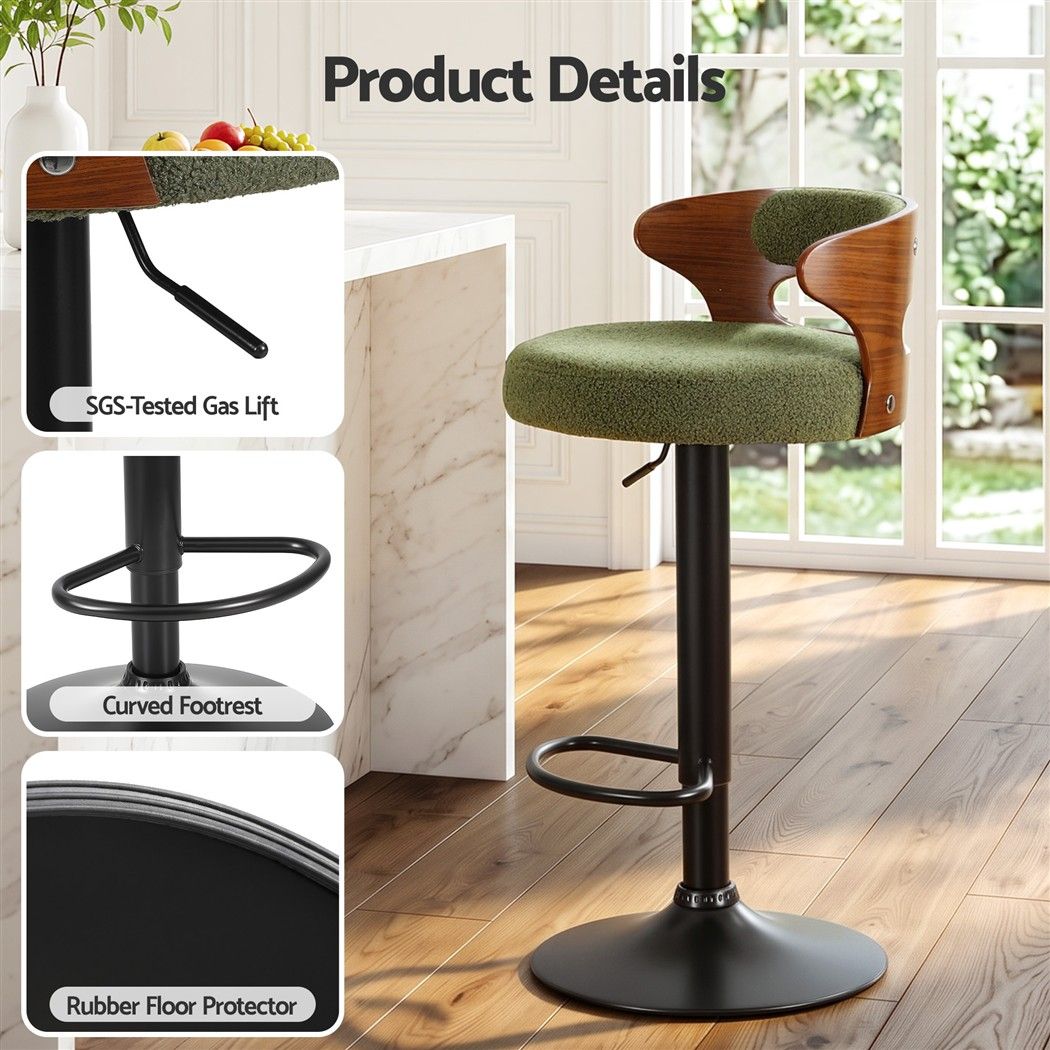 Artiss 4x Bar Stools Counter Chair Gas Lift Swivel Kitchen Bentwood Boucle Green - Homecoze
