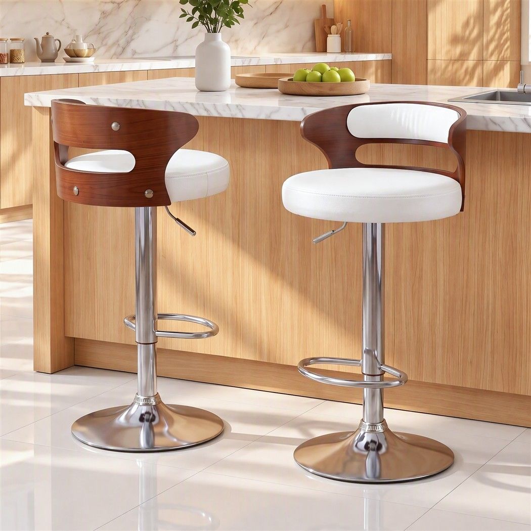 Artiss 2x Bar Stools Counter Chair Kitchen Bentwood Gas Lift PU Leather White - Homecoze
