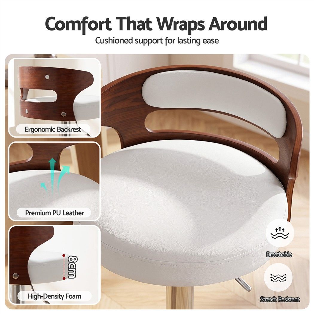Artiss 4x Bar Stools Counter Chair Kitchen Bentwood Gas Lift PU Leather White - Homecoze