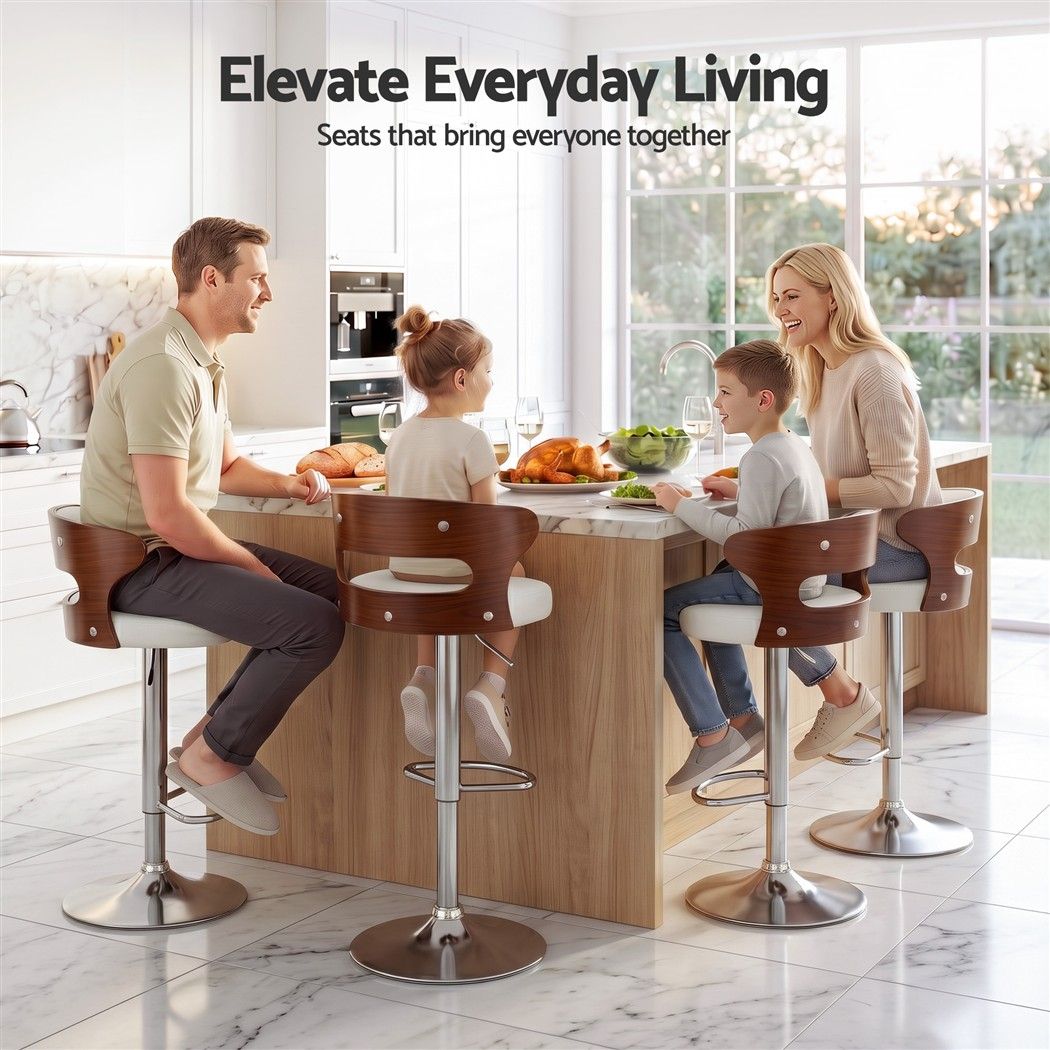 Artiss 4x Bar Stools Counter Chair Kitchen Bentwood Gas Lift PU Leather White - Homecoze
