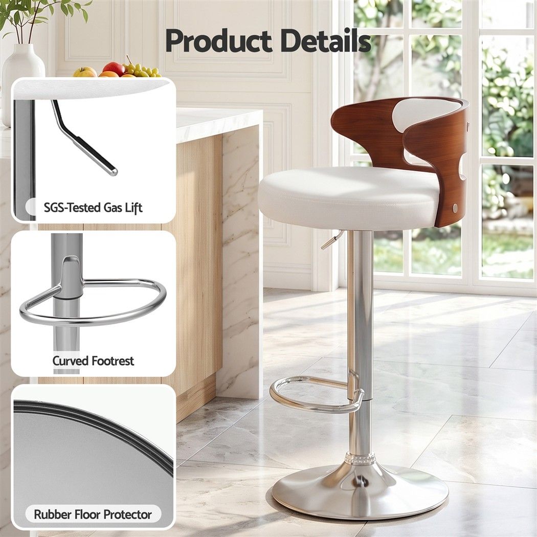 Artiss 4x Bar Stools Counter Chair Kitchen Bentwood Gas Lift PU Leather White - Homecoze