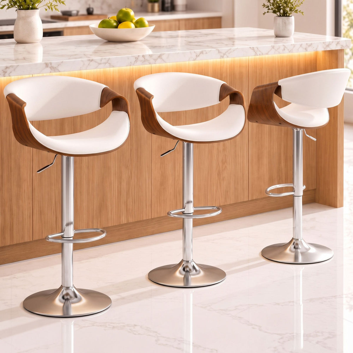 Artiss 3x Bar Stools Counter Chair Ambrus Swivel Adjustable Bentwood PU White - Homecoze