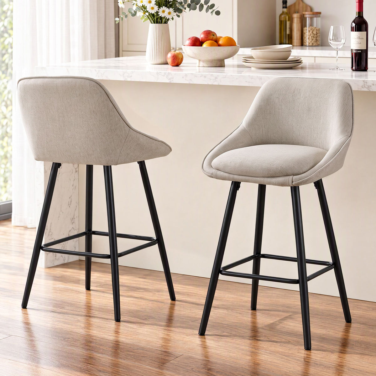 Artiss Bar Stools Set of 2 Linen Upholstered Counter Chairs with Back Padded Seat Beige - Homecoze