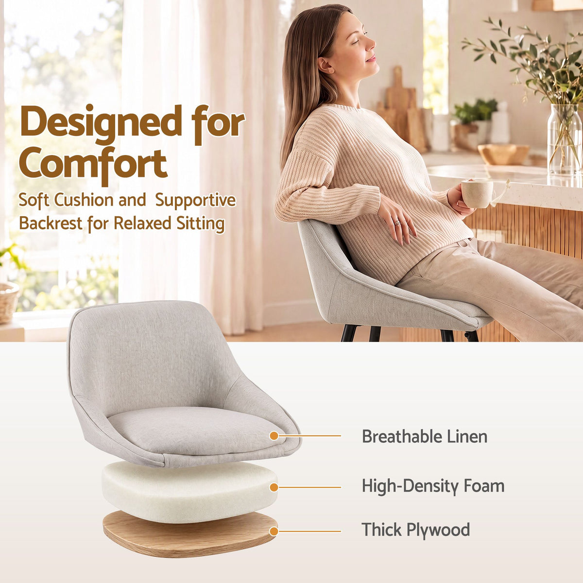 Artiss Bar Stools Set of 2 Linen Upholstered Counter Chairs with Back Padded Seat Beige - Homecoze