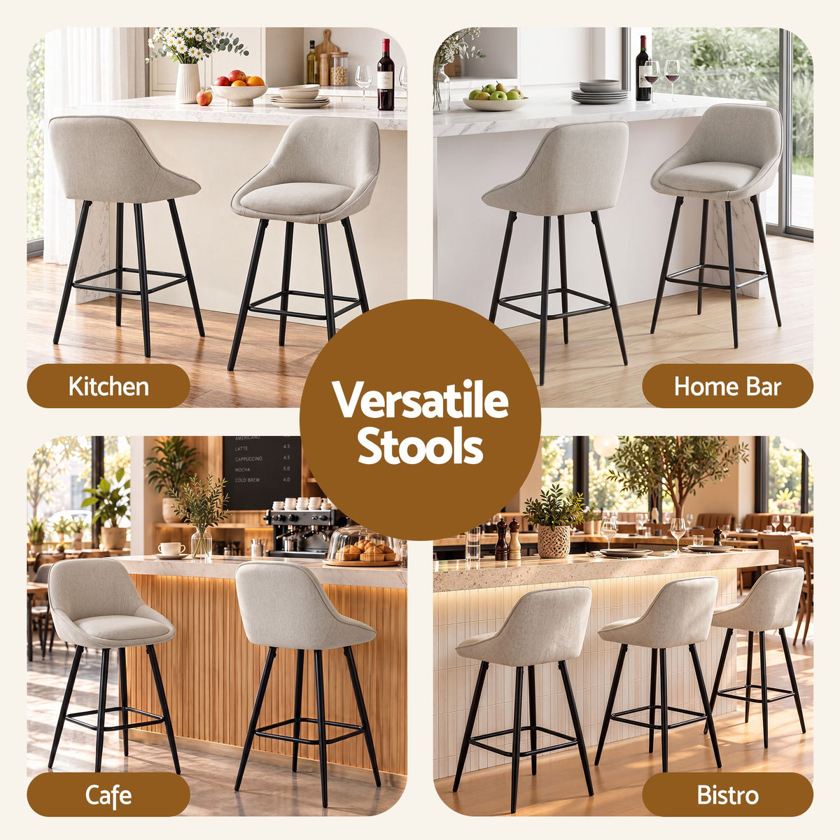 Artiss Bar Stools Set of 2 Linen Upholstered Counter Chairs with Back Padded Seat Beige - Homecoze