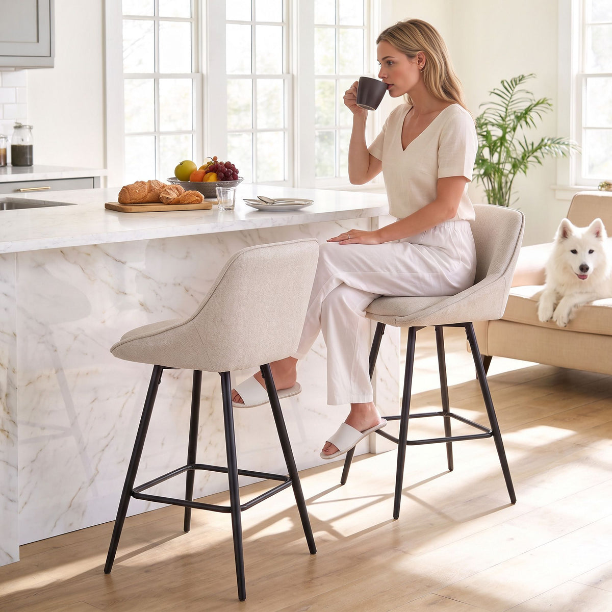 Artiss Bar Stools Set of 2 Linen Upholstered Counter Chairs with Back Padded Seat Beige - Homecoze