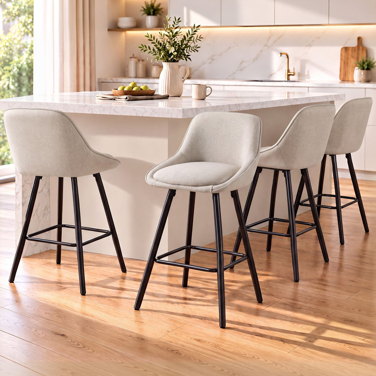 Artiss Bar Stools Set of 4 Linen Upholstered Counter Chairs with Back Padded Seat Beige - Homecoze