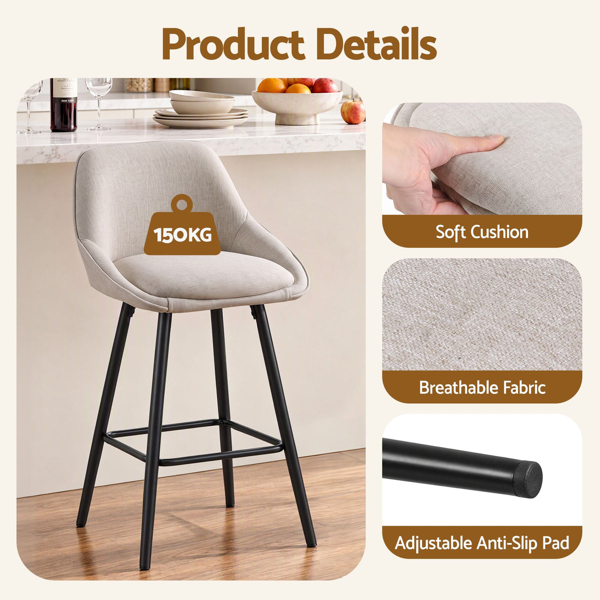 Artiss Bar Stools Set of 4 Linen Upholstered Counter Chairs with Back Padded Seat Beige - Homecoze