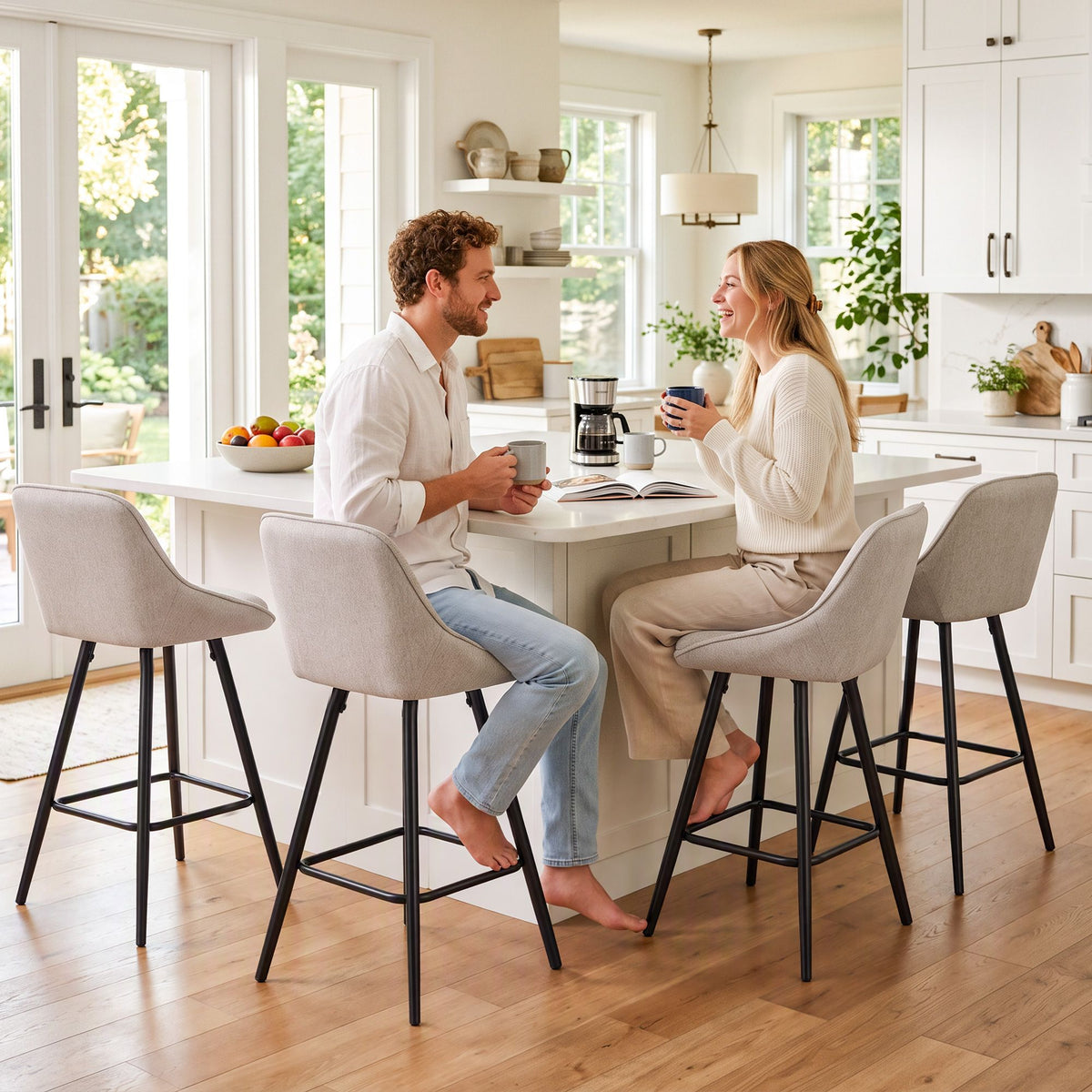 Artiss Bar Stools Set of 4 Linen Upholstered Counter Chairs with Back Padded Seat Beige - Homecoze