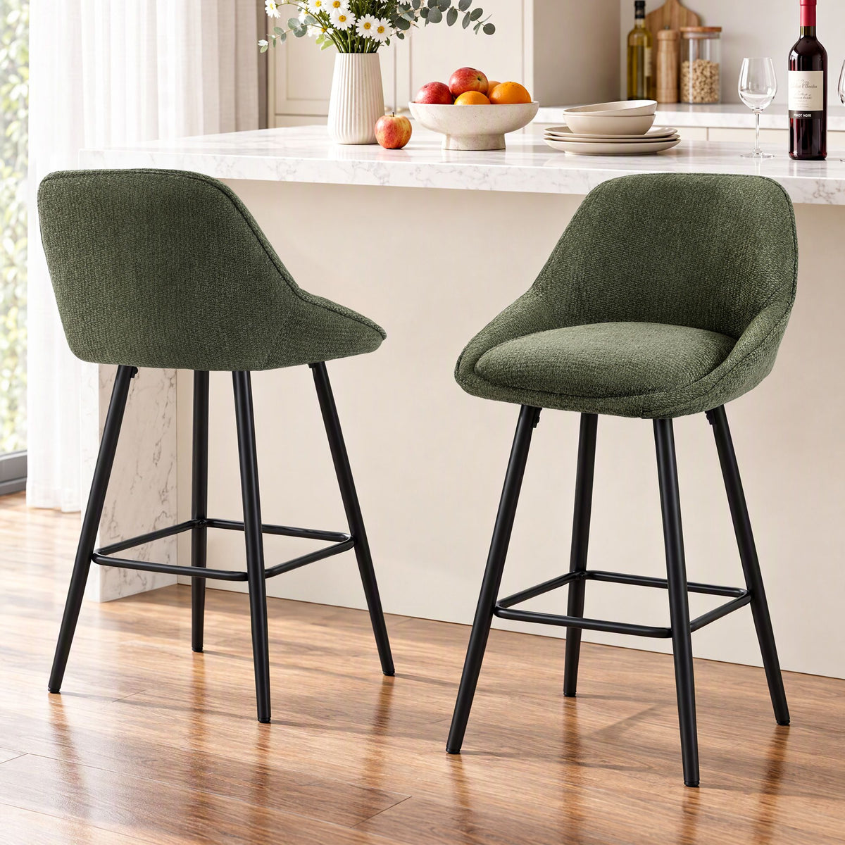 Artiss Bar Stools Set of 2 Linen Upholstered Counter Chairs with Back Padded Seat Green - Homecoze