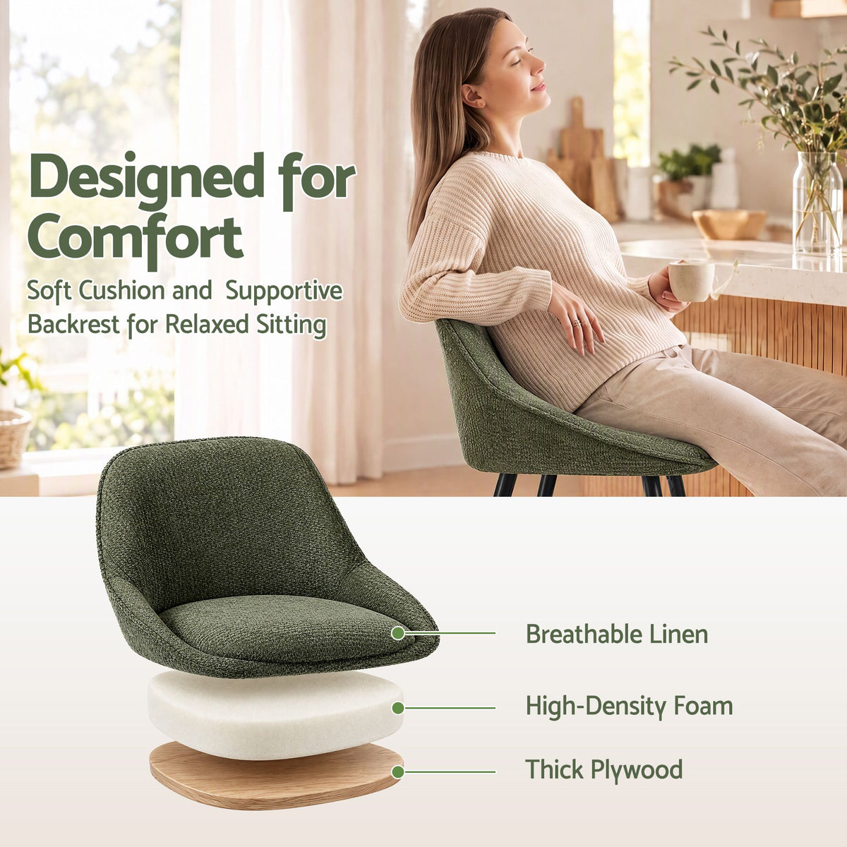 Artiss Bar Stools Set of 2 Linen Upholstered Counter Chairs with Back Padded Seat Green - Homecoze