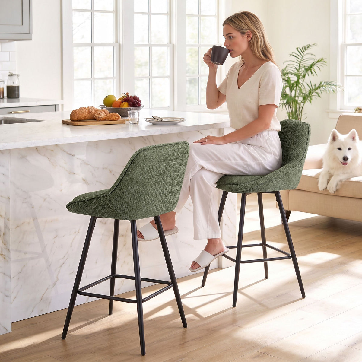Artiss Bar Stools Set of 2 Linen Upholstered Counter Chairs with Back Padded Seat Green - Homecoze