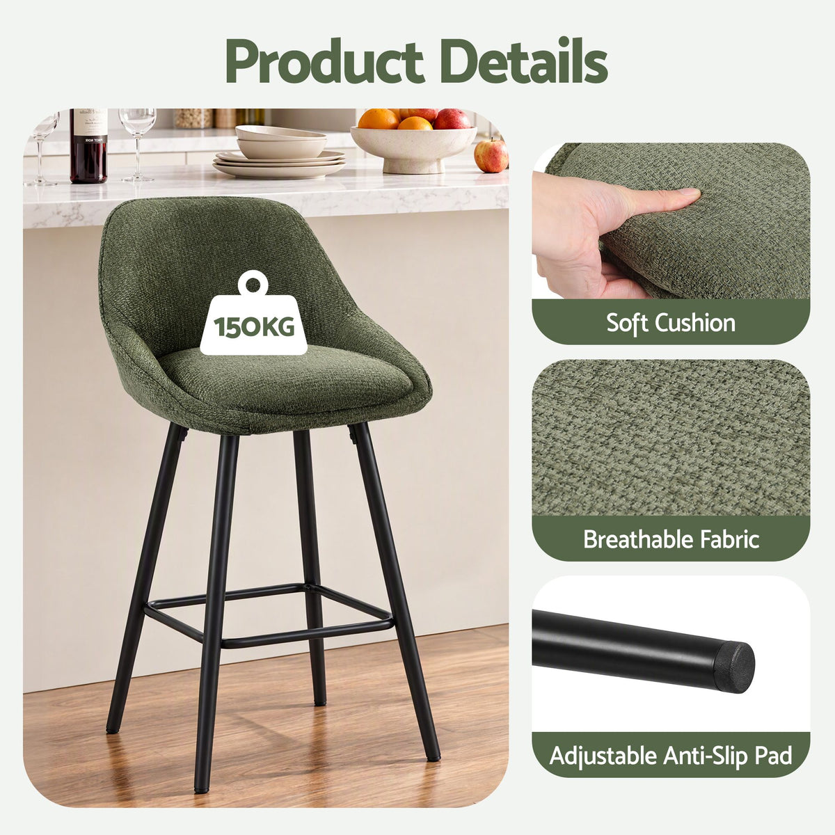 Artiss Bar Stools Set of 4 Linen Upholstered Counter Chairs with Back Padded Seat Green - Homecoze