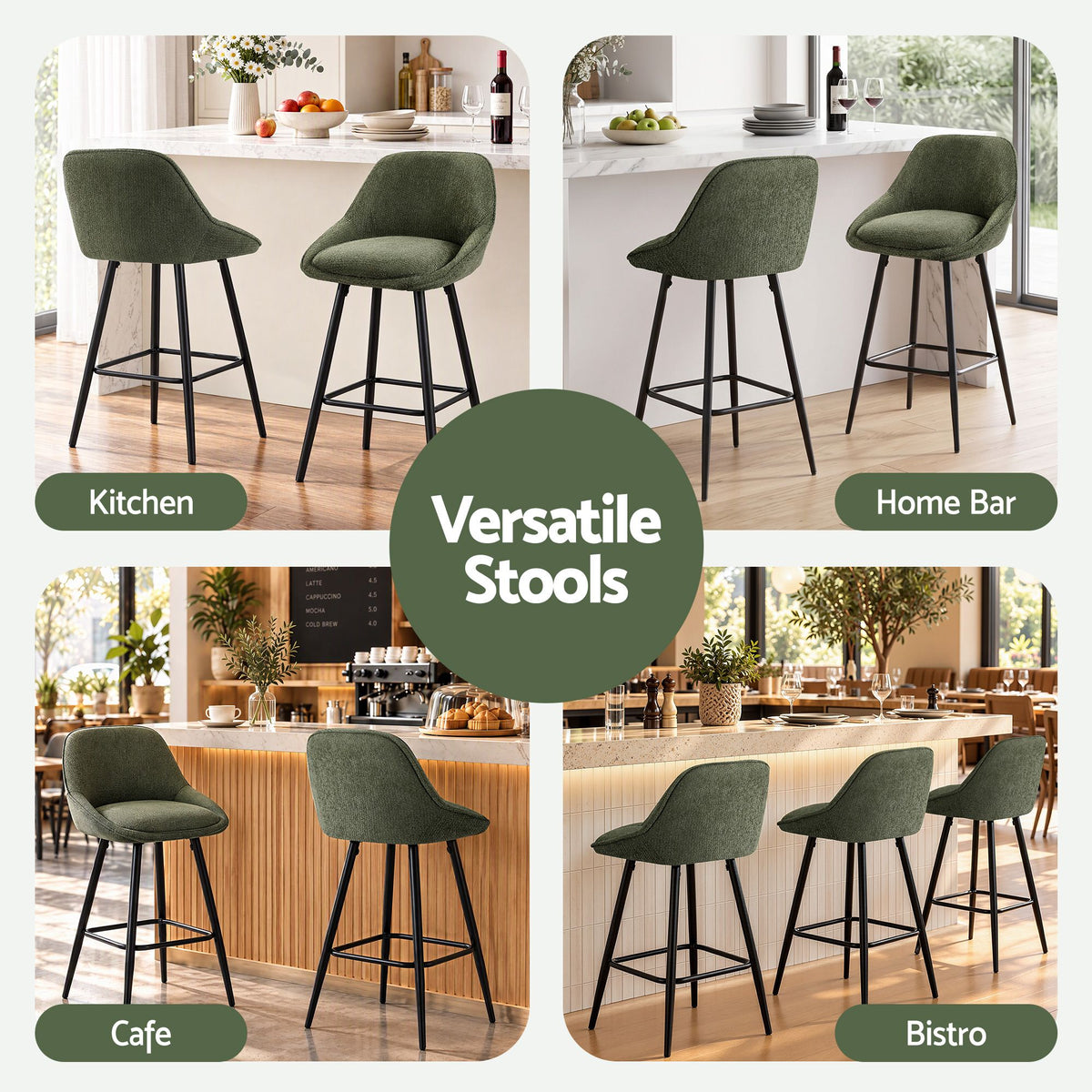 Artiss Bar Stools Set of 4 Linen Upholstered Counter Chairs with Back Padded Seat Green - Homecoze