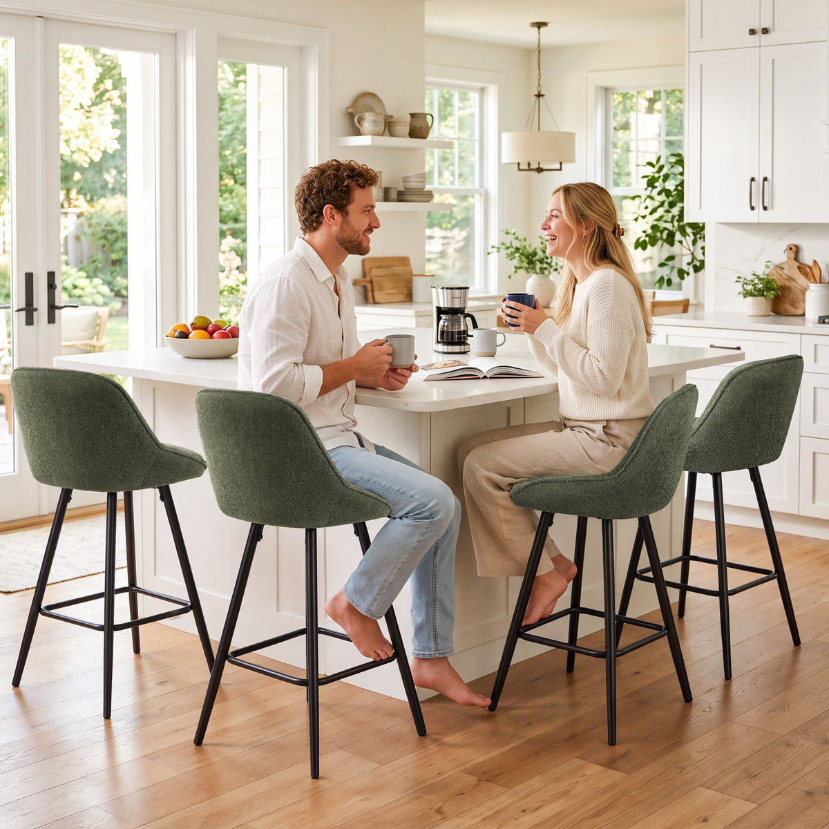 Artiss Bar Stools Set of 4 Linen Upholstered Counter Chairs with Back Padded Seat Green - Homecoze