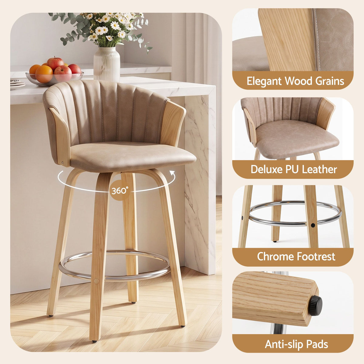 Olivia (Set of 2) Bentwood Bar Stools 66cm - Khaki - Homecoze