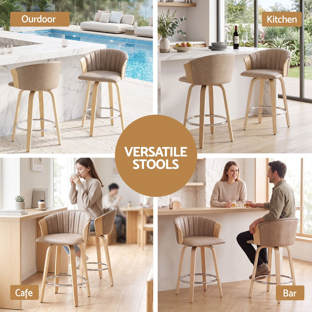 Olivia (Set of 2) Bentwood Bar Stools 66cm - Khaki - Homecoze