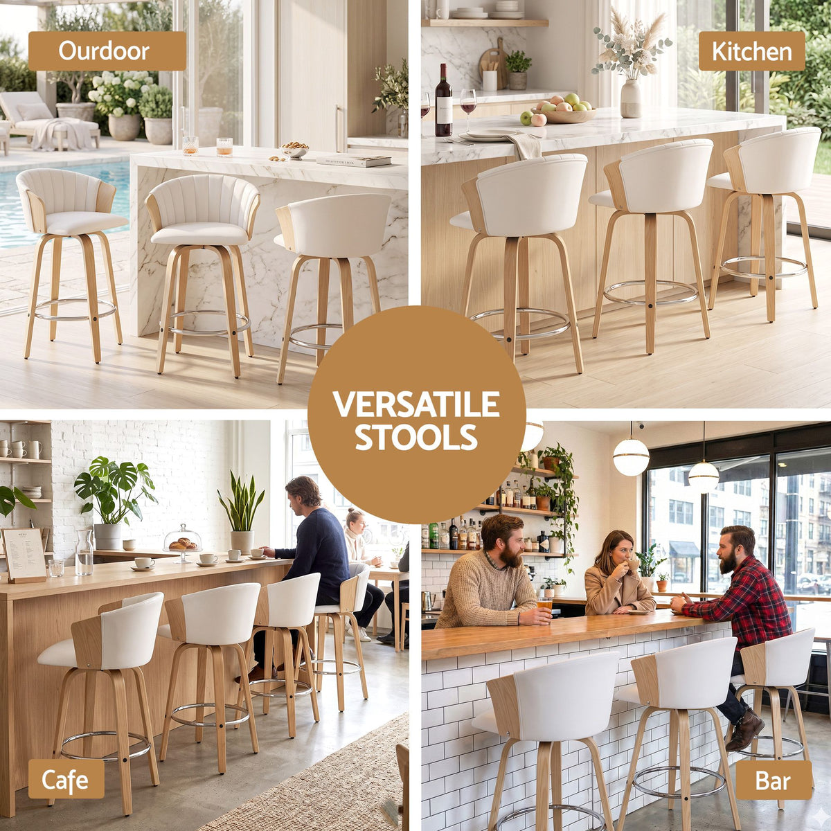 Olivia (Set of 3) Bentwood Bar Stools 66cm - White - Homecoze