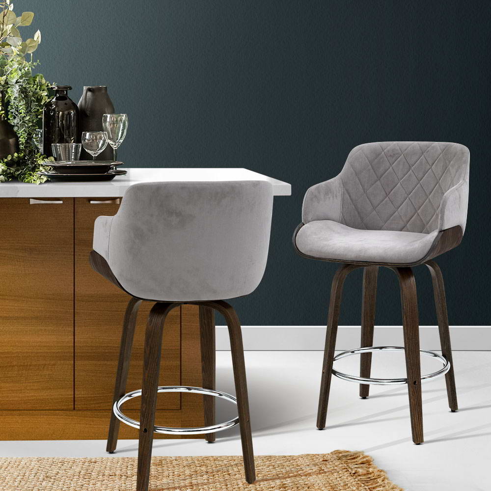 Harper (Single) Velvet Bar Stool 70cm - Grey - Homecoze