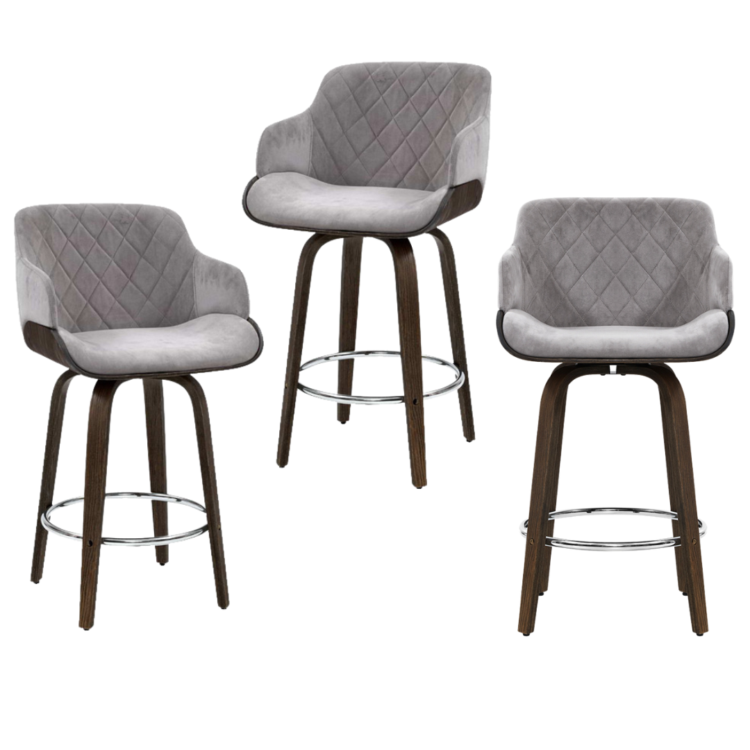 Harper (Set of 3) Velvet Bar Stools 70cm - Grey - Homecoze