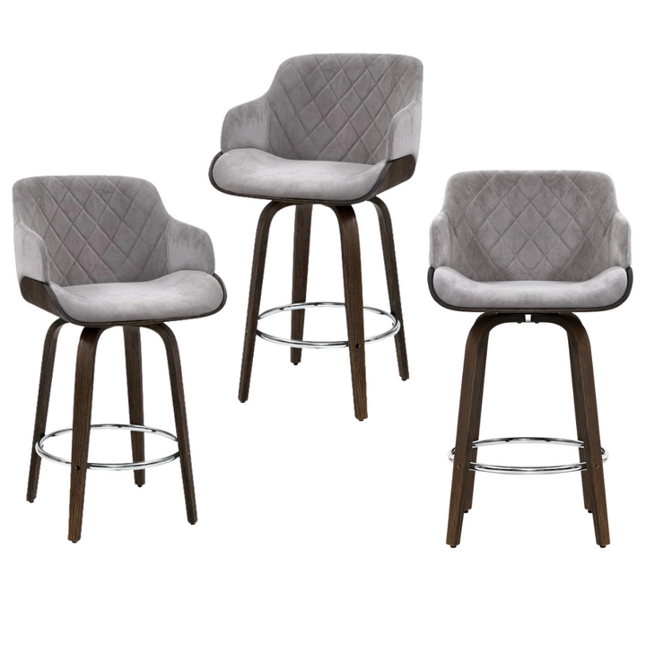 Harper (Set of 3) Velvet Bar Stools 70cm - Grey