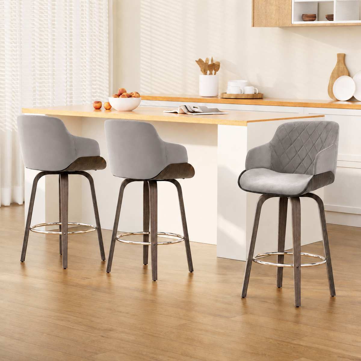 Harper (Set of 3) Velvet Bar Stools 70cm - Grey