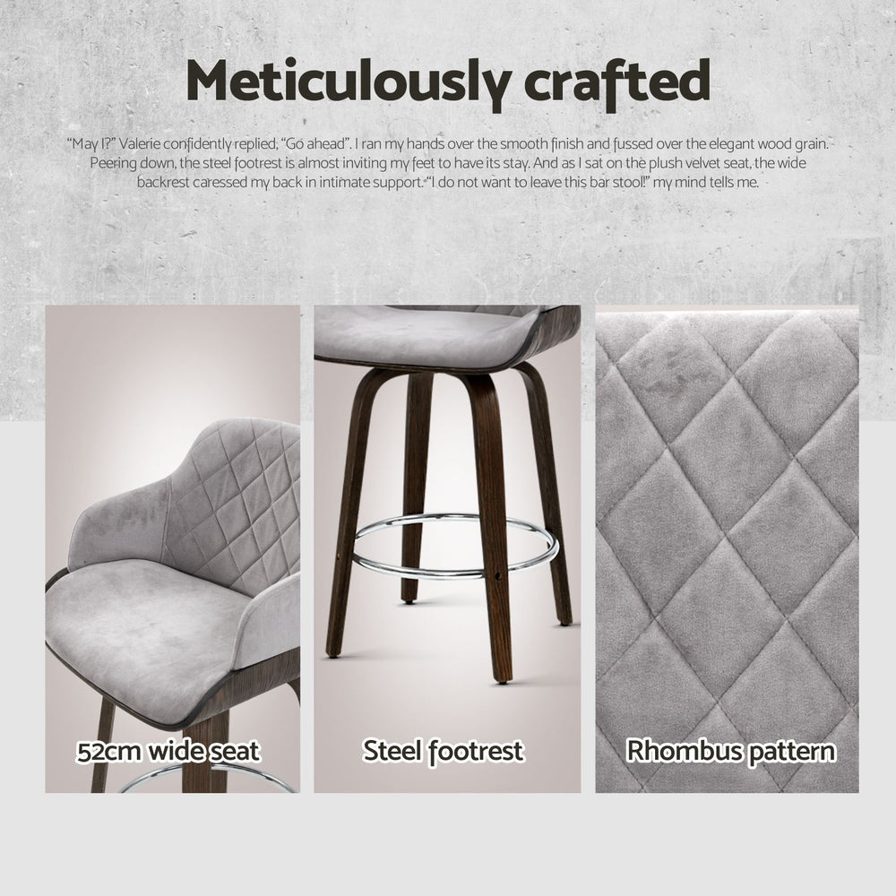 Harper (Set of 2) Velvet Bar Stools 70cm - Grey - Homecoze