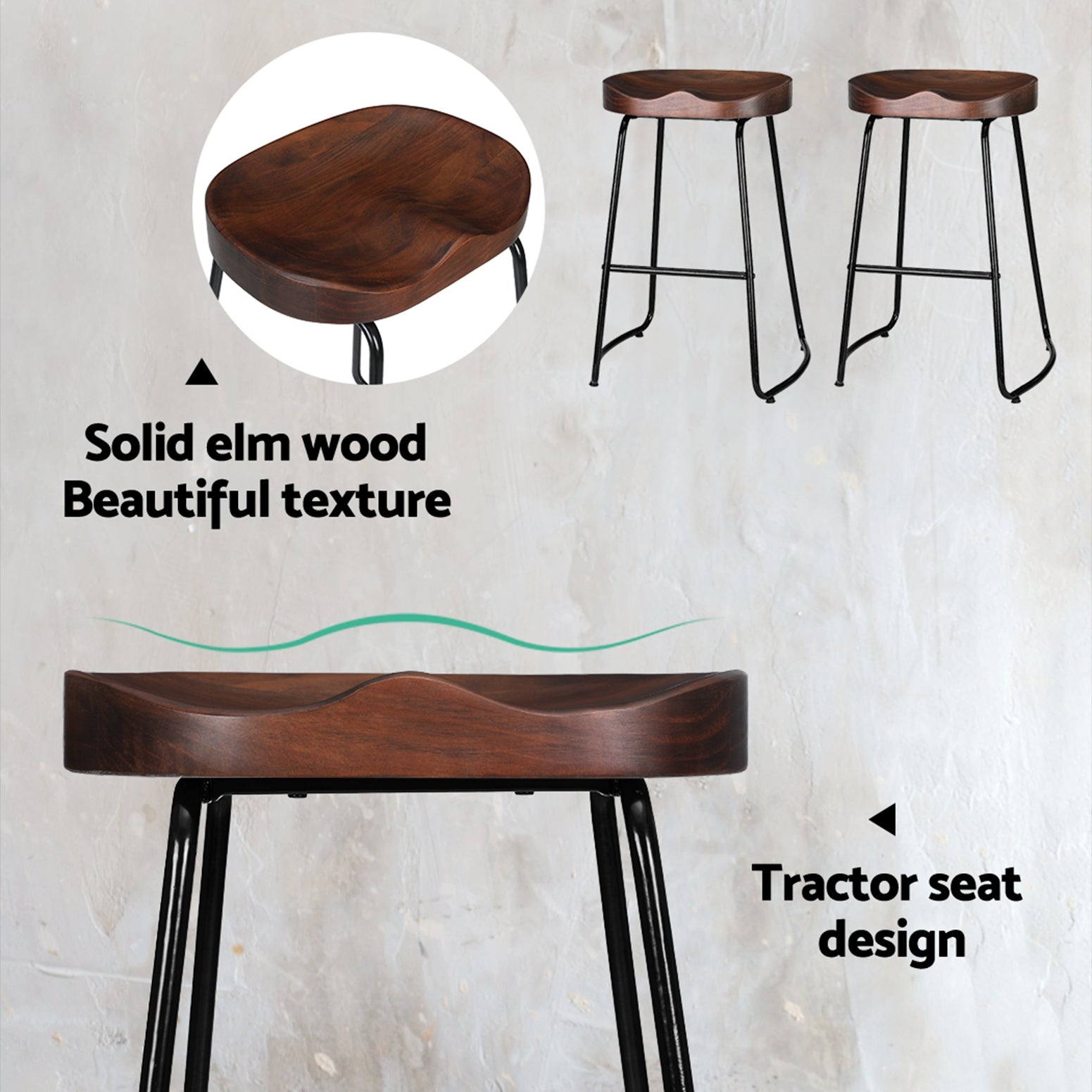 Emerson (Set of 2) Bar Stools 65cm - Dark Wood - Homecoze