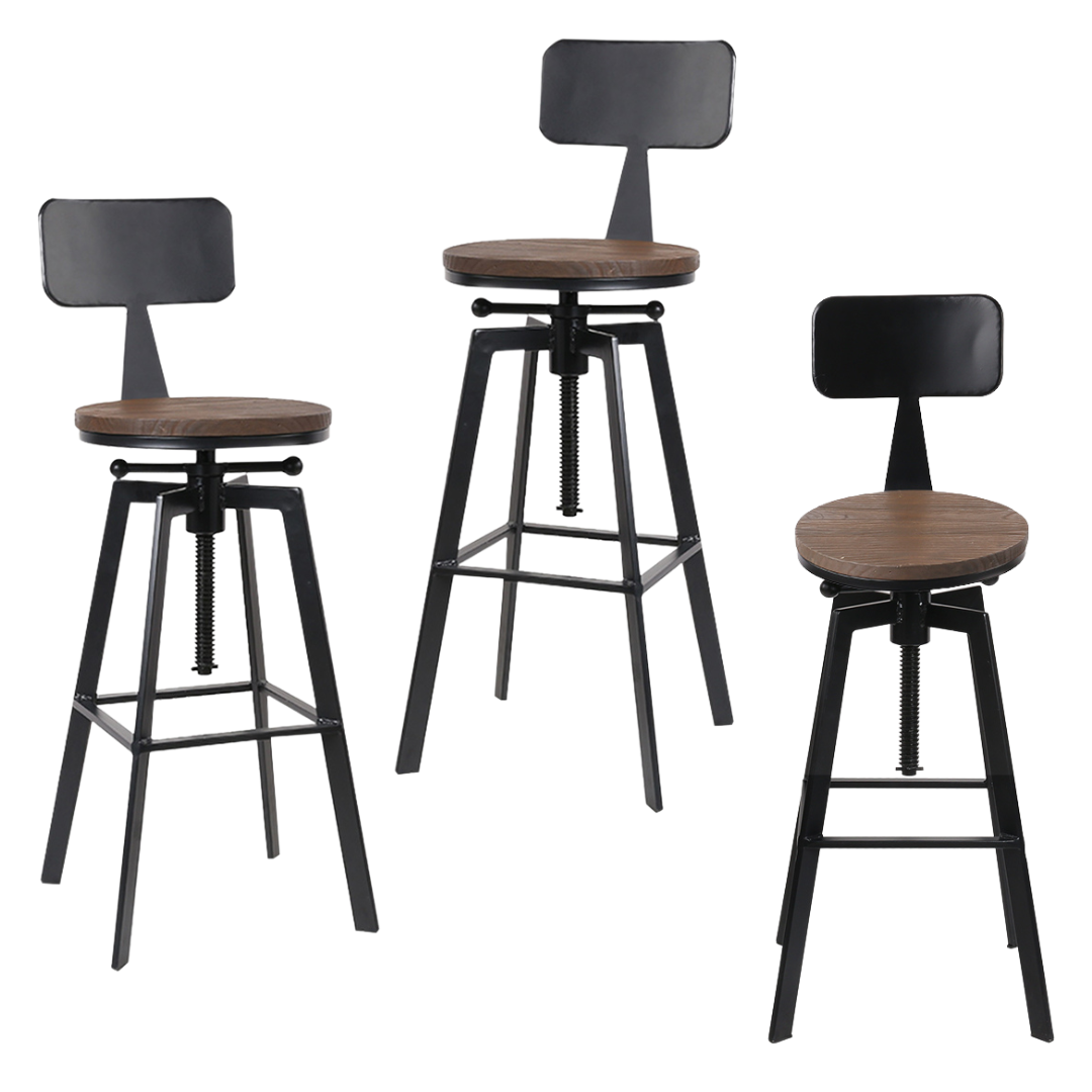 Charlie (Set of 3) Industrial Bar Stools - Black & Wood - Homecoze