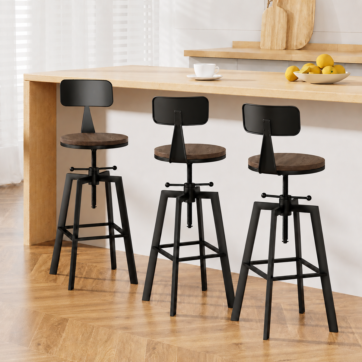 Charlie (Set of 3) Industrial Bar Stools - Black & Wood