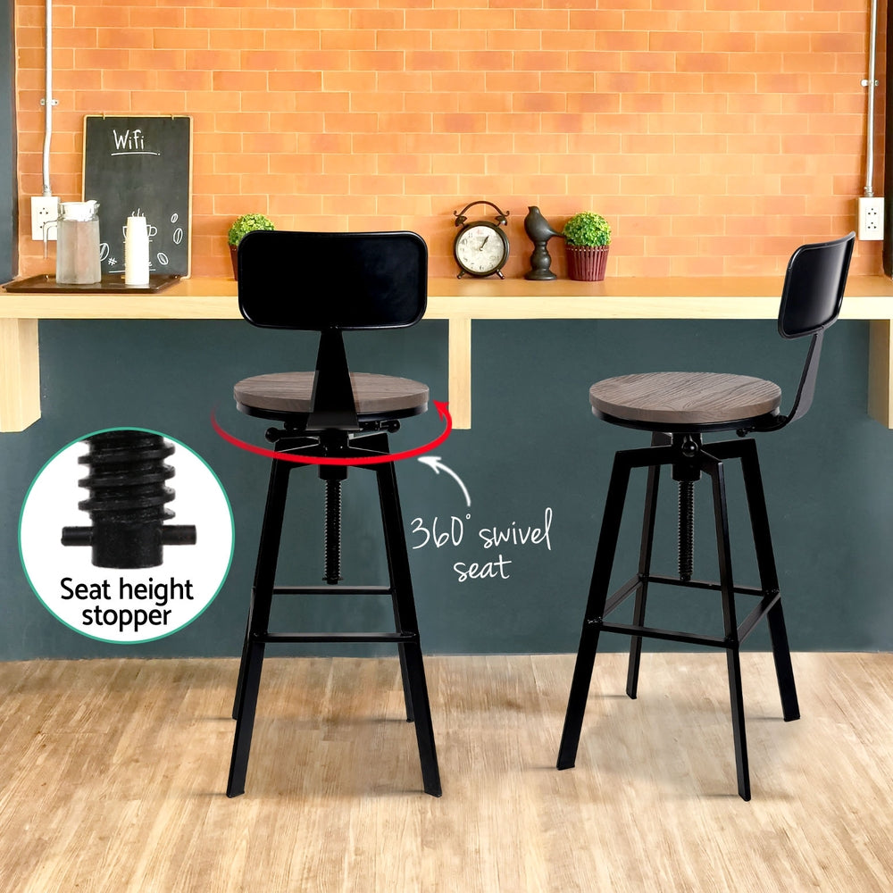 Charlie (Set of 3) Industrial Bar Stools - Black & Wood