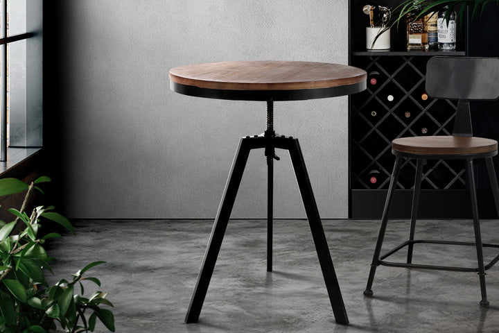 Industrial Elm Wood Round Dining Table - Dark Brown