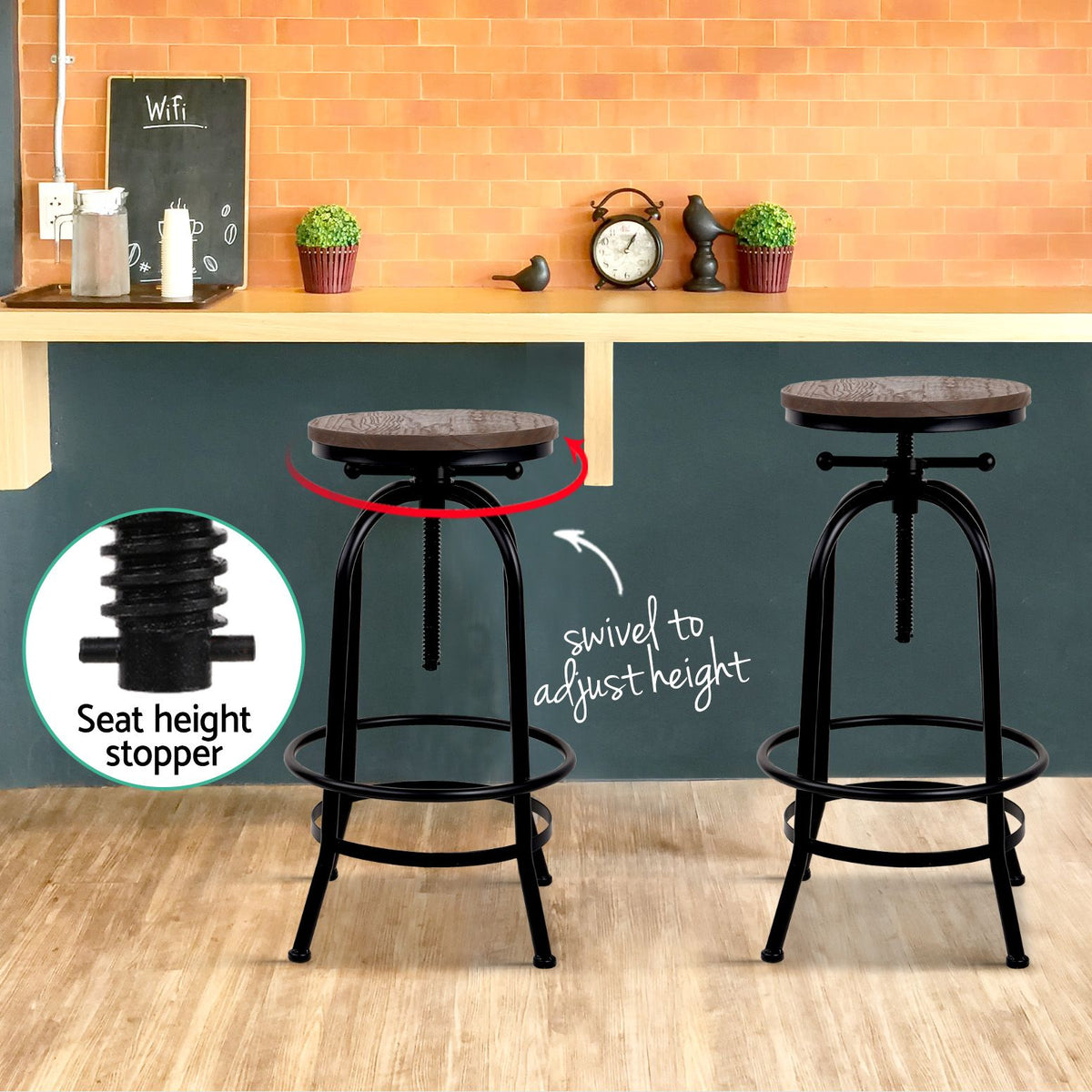 Frankie (Set of 3) Industrial Bar Stools - Black & Wood