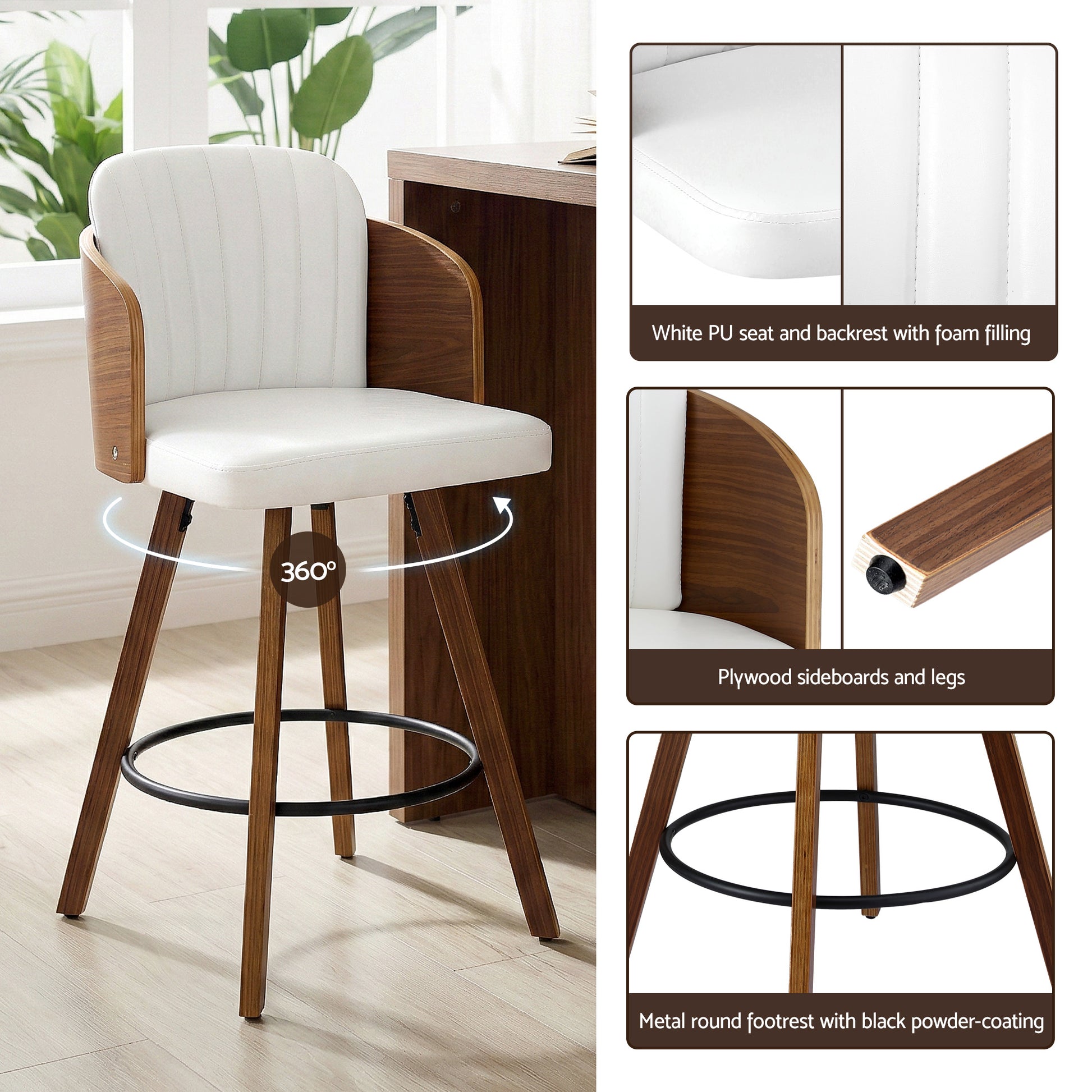 Artiss Wooden Bar Stools Swivel Kitchen Counter Stool Chair 58cm Seat Height - Homecoze