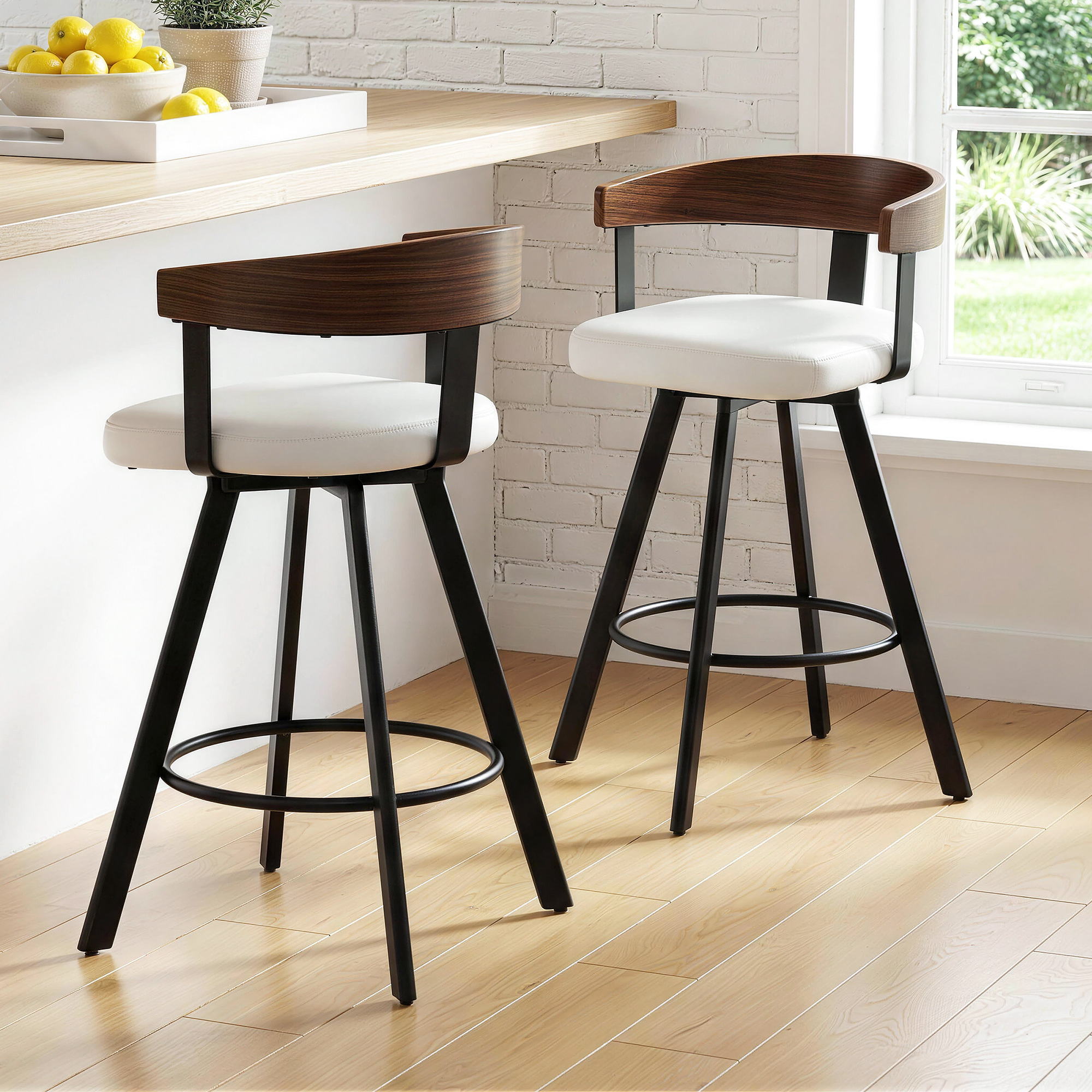 2x Artiss Bar Stools Swivel Kitchen Chairs Metal Legs Bentwood Counter White PU - Homecoze