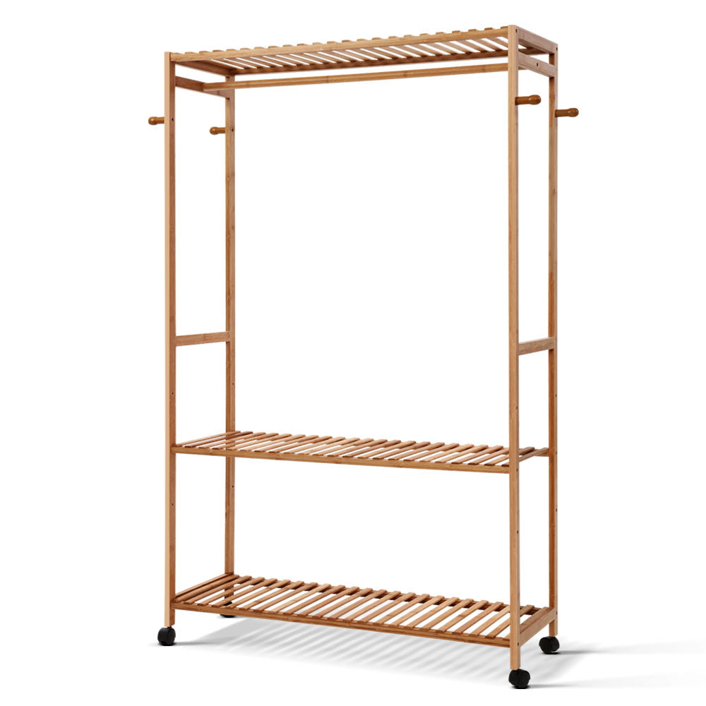 Large Bamboo Clothes Hanger Stand Bedroom Laundry Rack with Shelf - 112cm Wide - Homecoze