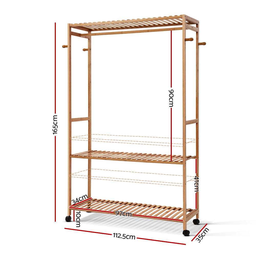 Large Bamboo Clothes Hanger Stand Bedroom Laundry Rack with Shelf - 112cm Wide - Homecoze