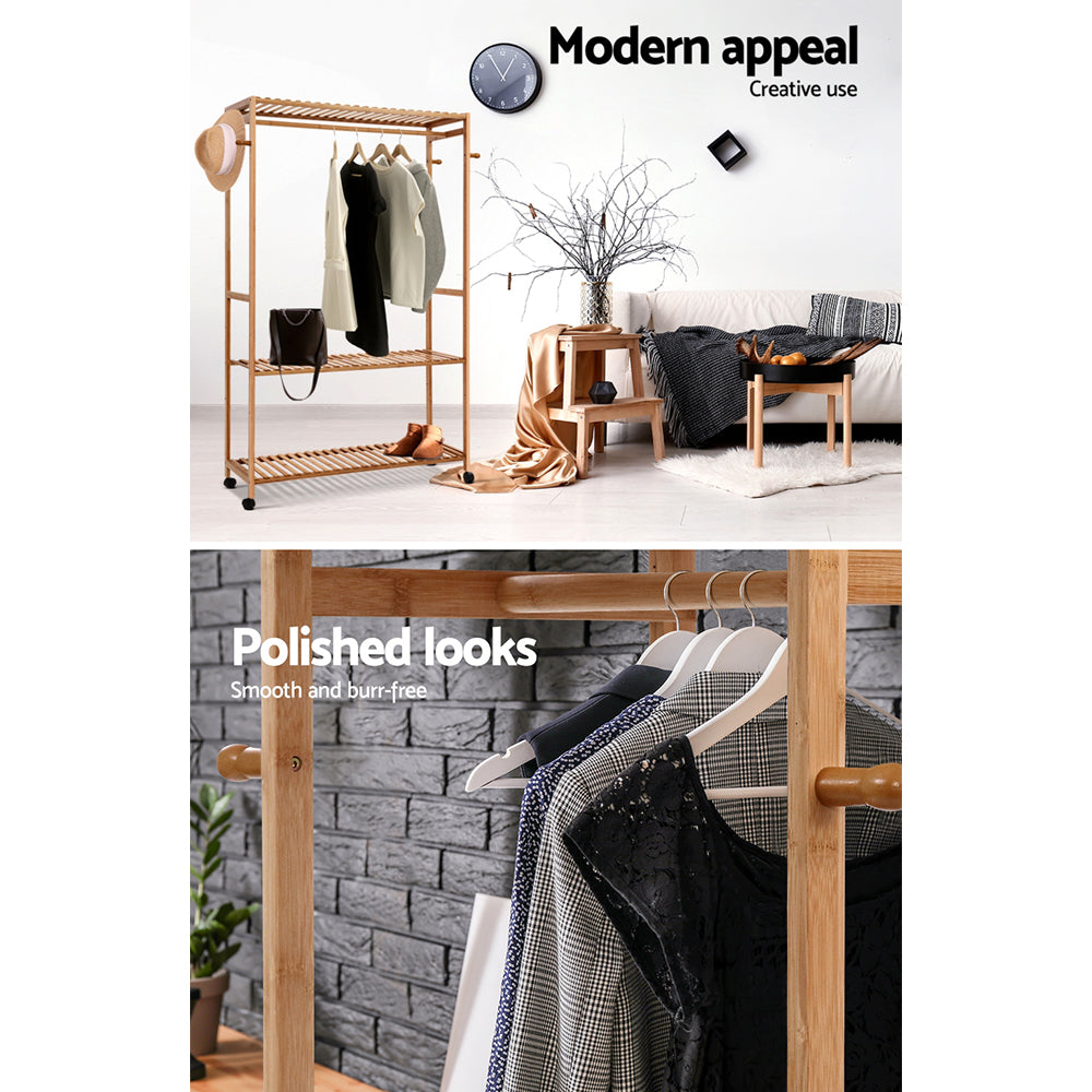 Large Bamboo Clothes Hanger Stand Bedroom Laundry Rack with Shelf - 112cm Wide - Homecoze