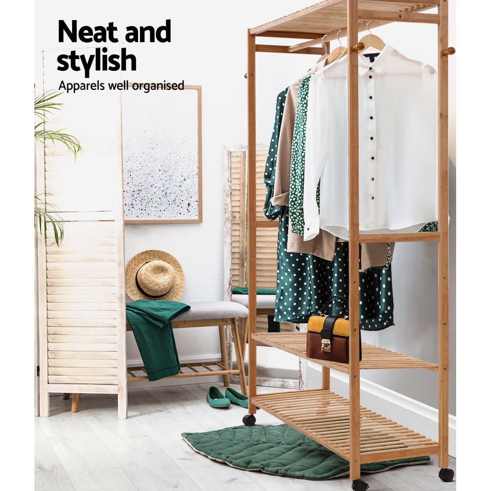 Large Bamboo Clothes Hanger Stand Bedroom Laundry Rack with Shelf - 112cm Wide - Homecoze
