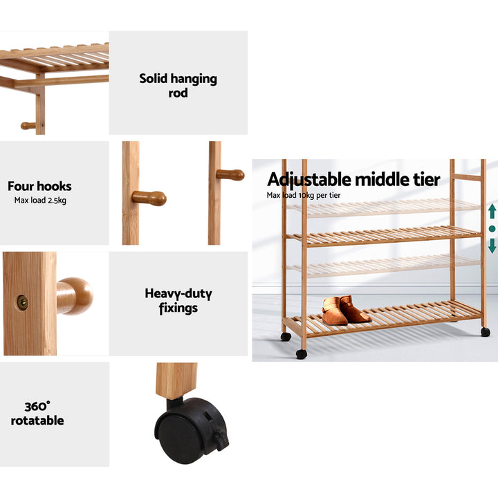 Large Bamboo Clothes Hanger Stand Bedroom Laundry Rack with Shelf - 112cm Wide - Homecoze