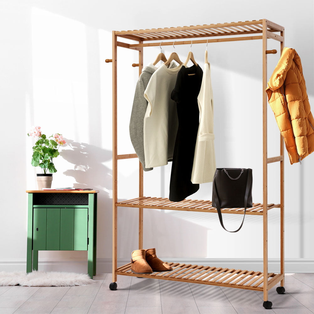 Large Bamboo Clothes Hanger Stand Bedroom Laundry Rack with Shelf - 112cm Wide - Homecoze