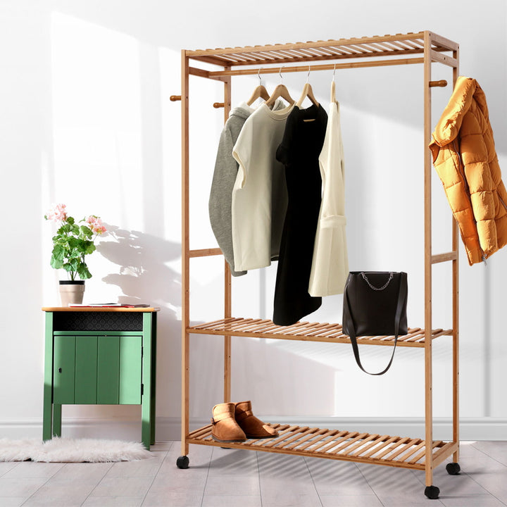 Large Bamboo Clothes Hanger Stand Bedroom Laundry Rack with Shelf - 112cm Wide - Homecoze