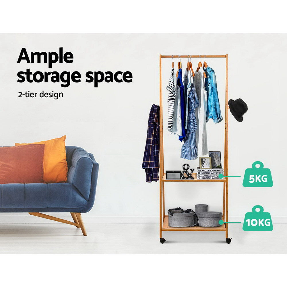Bamboo Clothes Hanger Stand Bedroom Laundry Rack with Shelf - 60cm Wide - Homecoze