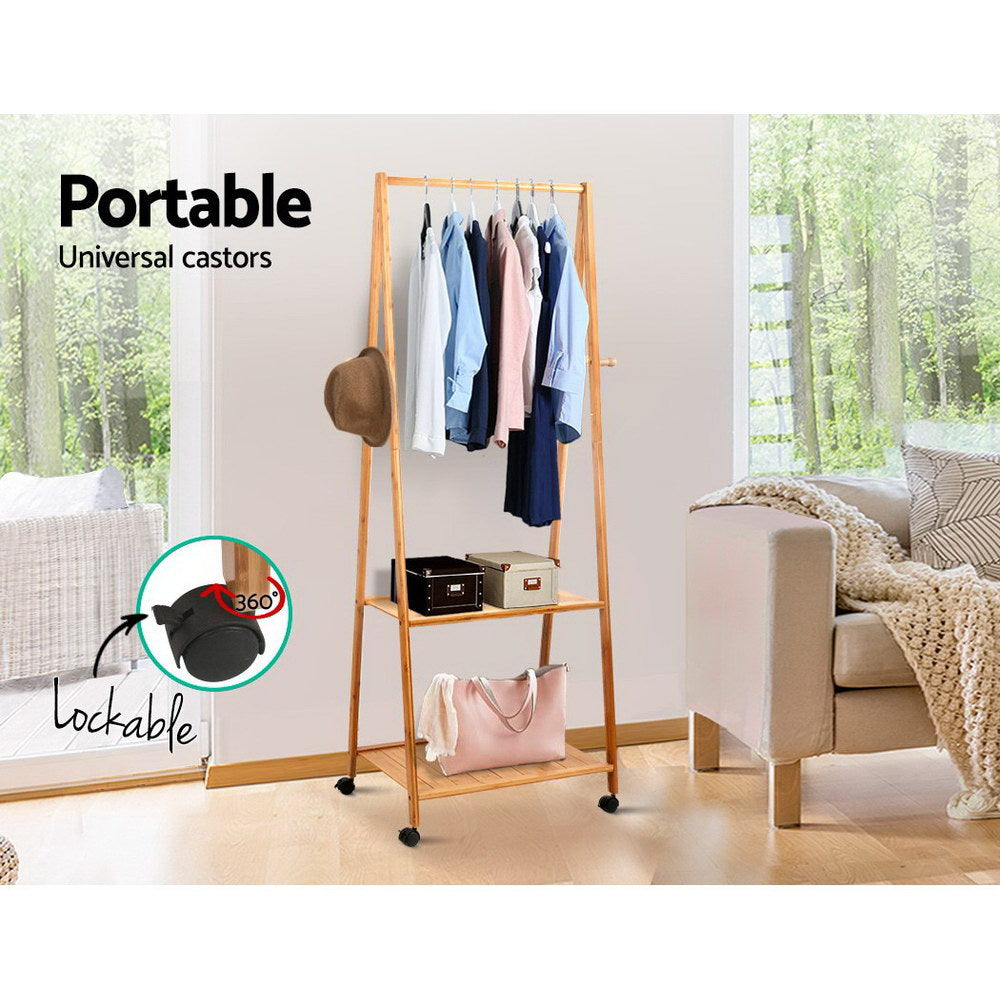 Bamboo Clothes Hanger Stand Bedroom Laundry Rack with Shelf - 60cm Wide - Homecoze