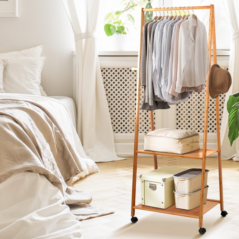 Bamboo Clothes Hanger Stand Bedroom Laundry Rack with Shelf - 60cm Wide - Homecoze
