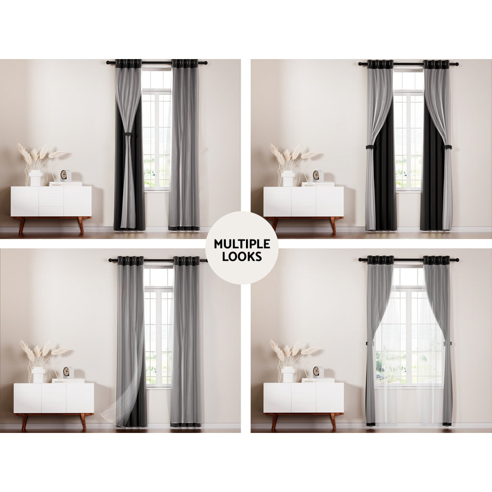 2X Blockout Window Eyelet Sheer Curtains (132x160cm) Black - Homecoze